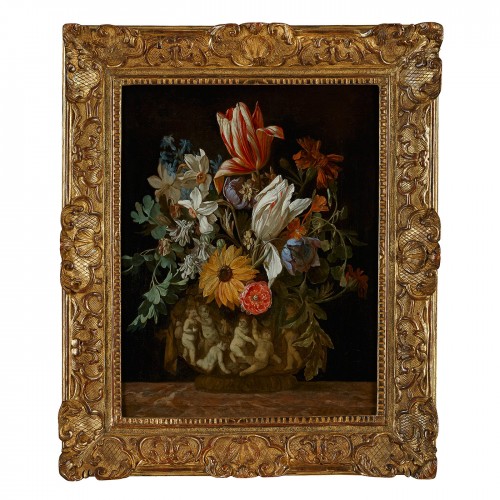 A Flower still life with Tulips and other Flowers in a Vase with Putti - Paintings & Drawings Style Louis XIV