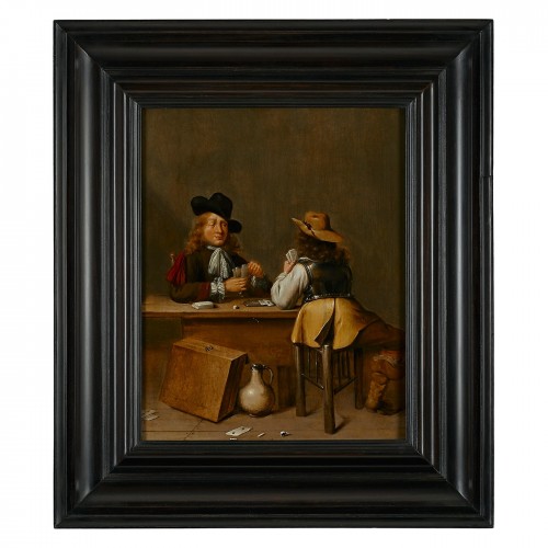 Un Intérieur avec deux Hommes jouant aux Cartes - Jan Olis (1610-1676) - Tableaux et dessins Style 