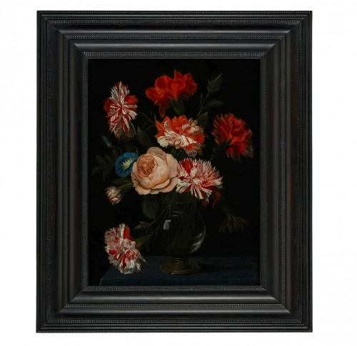 A Flower Still Life with Carnations and other Flowers in a Glass Vase on a  - Paintings & Drawings Style 