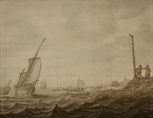 A ‘pen painting’ of Ships on a choppy Waters near a Coast with a Beacon