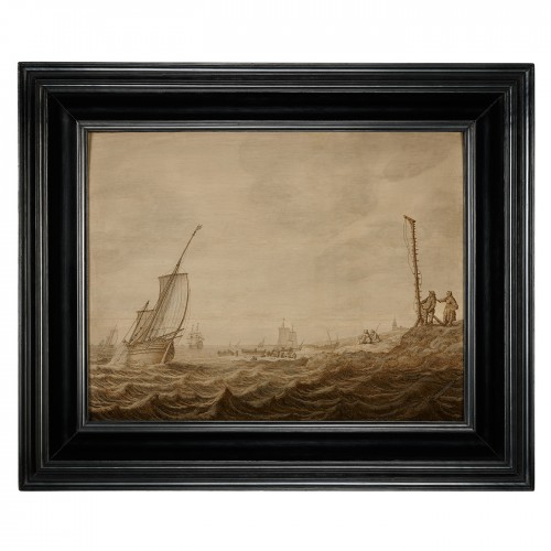 Une 'pen painting' de Navires sur des Eaux agitées près d’une Côte - Tableaux et dessins Style 