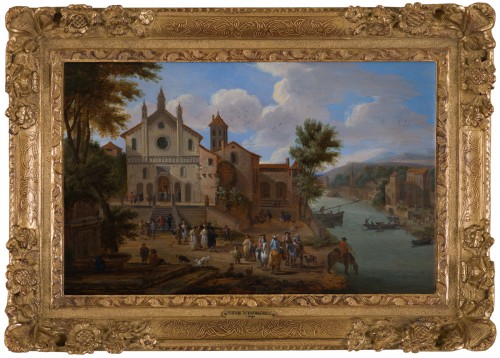 Scène de village devant une rivière et une église par Matthijs SCHOEVAERDTS