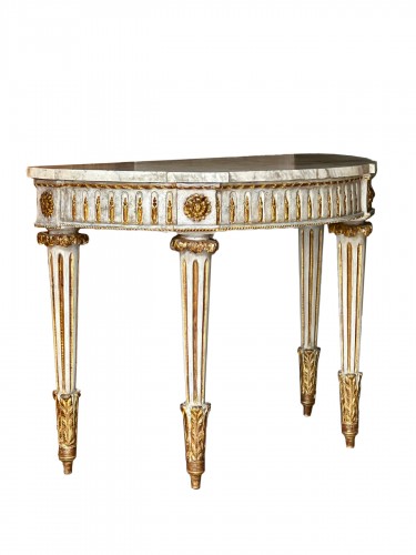 Pair of Louis XVI consoles in gilded and patinated wood