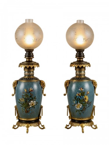 Ferdinand Barbedienne (1810–1893) Pair of lamps with cloisonné enamel decoration