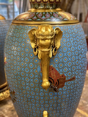 Ferdinand Barbedienne (1810–1893) Pair of lamps with cloisonné enamel decoration - Lighting Style Napoléon III