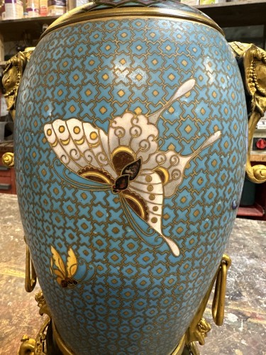Ferdinand Barbedienne (1810–1893) Pair of lamps with cloisonné enamel decoration - Napoléon III