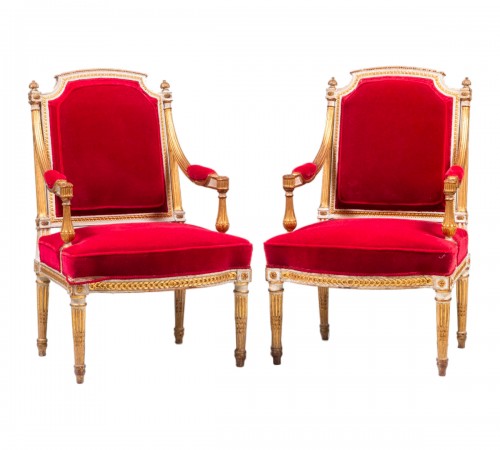Pair of Louis XVI, Ormolu-Mounted, Carved, Painted and Parcel-Gilt, Velvet 