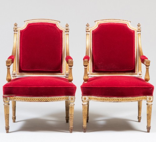 Pair of Louis XVI, Ormolu-Mounted, Carved, Painted and Parcel-Gilt, Velvet  - Seating Style Louis XVI