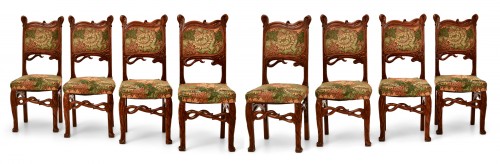 Matching set of eight, French, Art Nouveau Period dining chairs