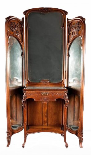 Very fine, French, Art Nouveau period, trifold mirror with vanity