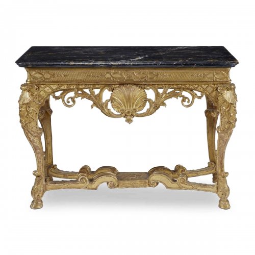French Régence giltwood table with nero antico marble top