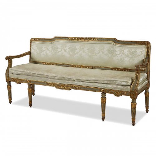 Italian Neoclassical painted and parcel-gilt silk upholstered settee