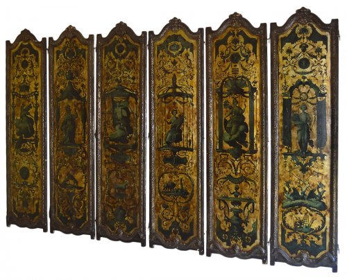 Italian, Regence Period, gilt and polychrome-painted six-panel screen