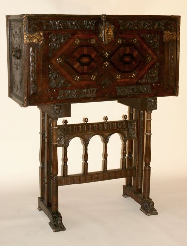 Spanish, iron-mounted, polychrome, parcel-gilt and bone-inlaid Vargueño - Furniture Style Louis XIV