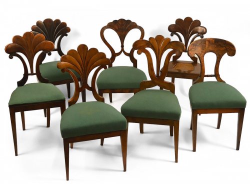 Assembled set of seven, Austrian, Biedermeier dining chairs