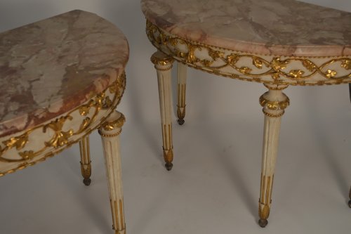 Furniture  - Pair of Italian, Neoclassical, painted and parcel-gilt demi-lune consoles