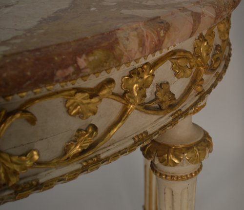 Pair of Italian, Neoclassical, painted and parcel-gilt demi-lune consoles - 