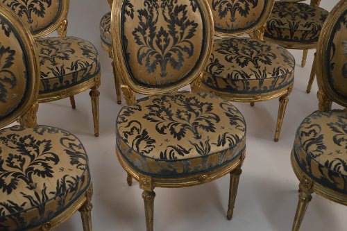 Set of eight, Northern Italian, painted and parcel-gilded dining chairs - 