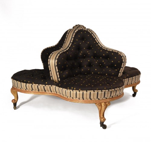 English, George IV period, giltwood and upholstered confidante