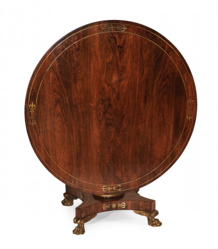 English Regency period, rosewood and brass-inlaid center table