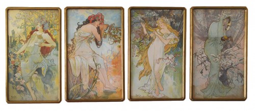 Set of four Art Nouveau period lithographs on fabric - Alphonse Mucha