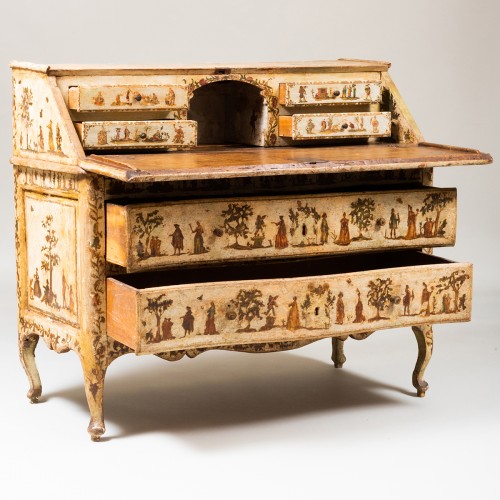 Mobilier Commode - Commode scribanne en lacca povera  d’epoque Louis XV, Italie