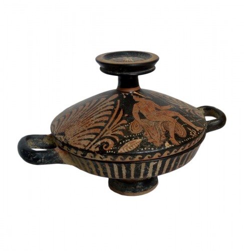 Apulian, red-figured, terra cotta lekanis (two-handled, ancient Greek bowl)