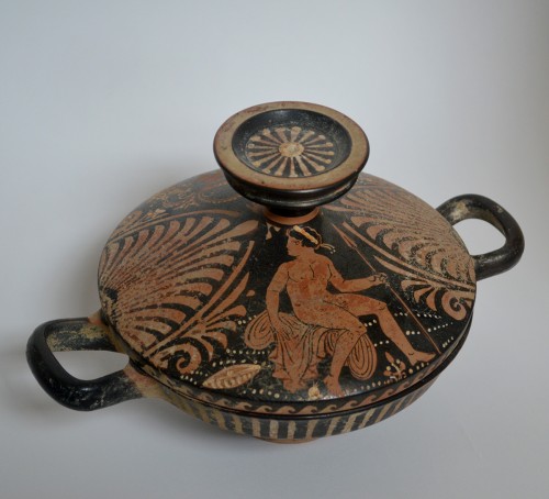 Ancient Art  - Apulian, red-figured, terra cotta lekanis (two-handled, ancient Greek bowl)