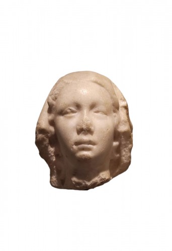 Gothic female head in marble, France late 14th century