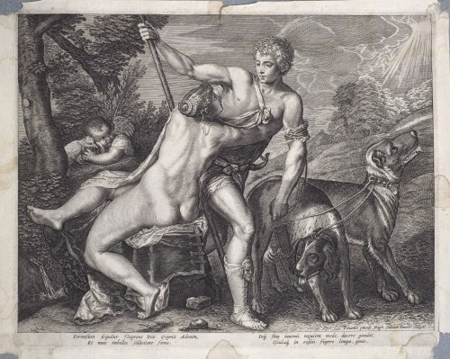 Antiquités - Vénus et Adonis, plaque en ivoire d'après Titien, 17e siècle