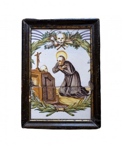 Saint Bruno of Cologne, panel with Vanitas, Manises 19th century