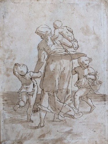 Walking woman with three children - 17th century Genoese School