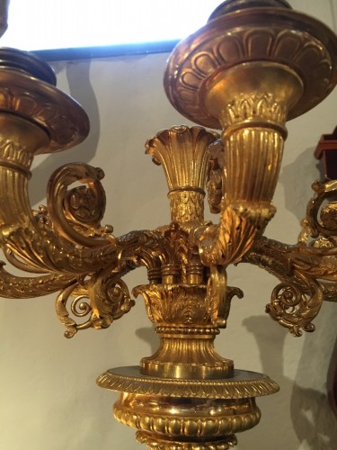 Antiquités - Paire de grands candélabres à six lumières d'époque Empire