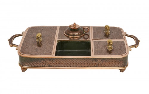 Plateau à fumer l'opium, chinois, en bronze cloisonné