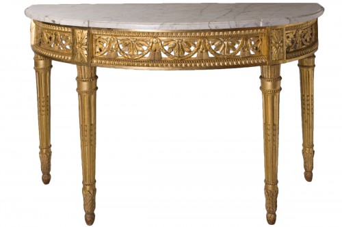 Console demi lune Louis XVI en bois doré Marbre blanc veiné d'origine