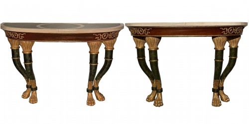 Pair of 19th century Sicilian consoles in gilded and stuccoed wood