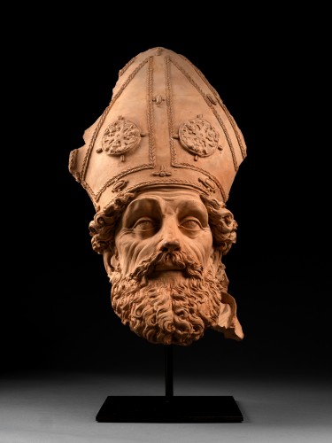 Terracotta Head of a Saint Bishop, attributed to Begarelli Italy16th century - Sculpture Style Renaissance