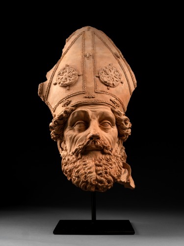 Terracotta Head of a Saint Bishop, attributed to Begarelli Italy16th century - Sculpture Style Renaissance