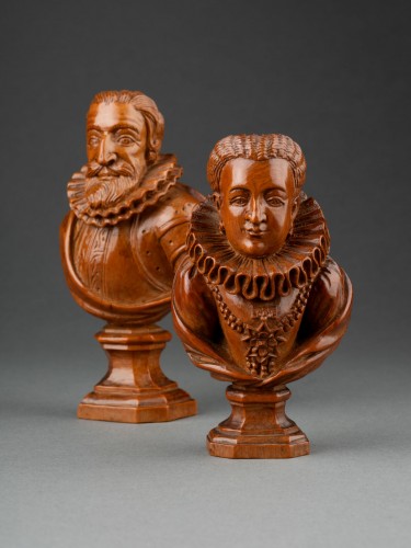 Pair of boxwood busts  - France 17th century - Sculpture Style Louis XIII
