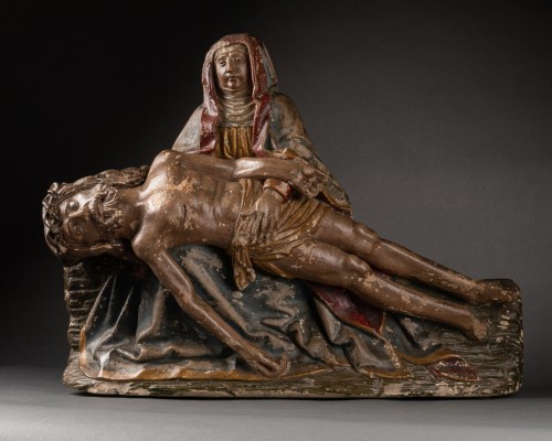 Vierge de Pitié - France, Champagne Pierre Calcaire et polychromie Circa 1500 - Sculpture Style Moyen Âge
