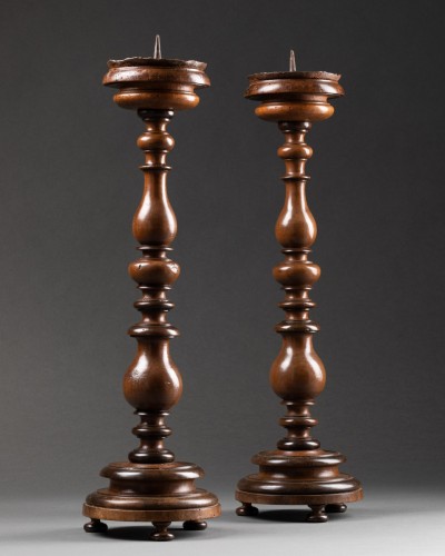 Antiquités - Pair of wooden candlesticks Louis XIII - France Early 17th century