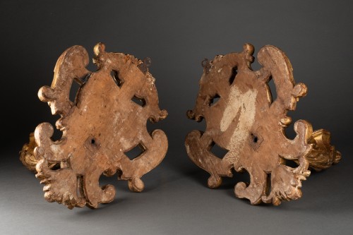 Paire d’appliques armoriées en bois doré et polychromie – Italie XVIIe siècle - Luminaires Style 