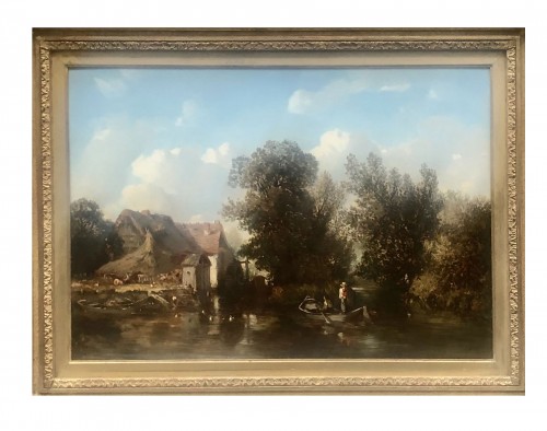 Camille FLERS (1802-1868) - Cours d'eau, lavandière et barque de pêche 