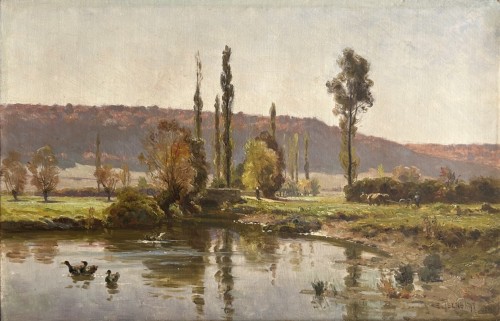 EMILE ISENBART -(1846-1921) - Les canards sur un étang en Franche-Comté