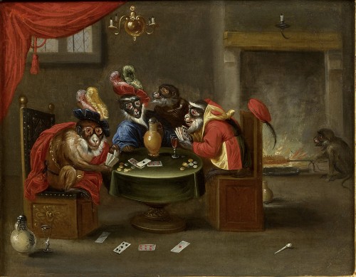 Card-Playing Monkeys - attributed to Ferdinand van KESSEL (1648-1696)