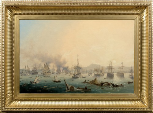 Coucher de soleil à Navarin - Louis GARNERAY (1783 – 1857), vers 1830/45 - Tableaux et dessins Style Louis-Philippe
