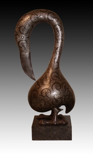 Grand pélican en acier damasquiné, Iran période Kadjar - Galerie Berger