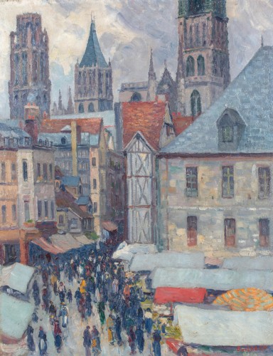 La place de la Haute Vieille Tour, jour de marché - Narcisse Guilbert (1878-1942)