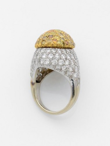 Bague bombée en or gris pavée diamants cognac - Bijouterie, Joaillerie Style Années 50-60