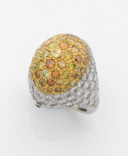 Bijouterie, Joaillerie  - Bague bombée en or gris pavée diamants cognac